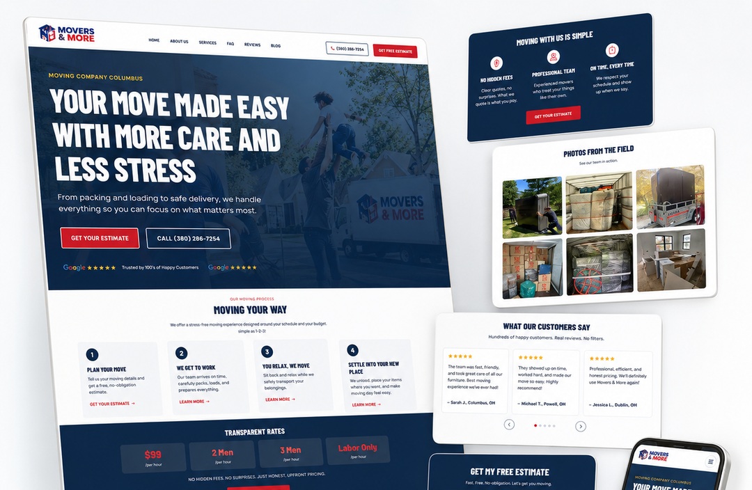 The Movers and More website shown across desktop, tablet and mobile, with transparent hourly rates and a free-estimate form